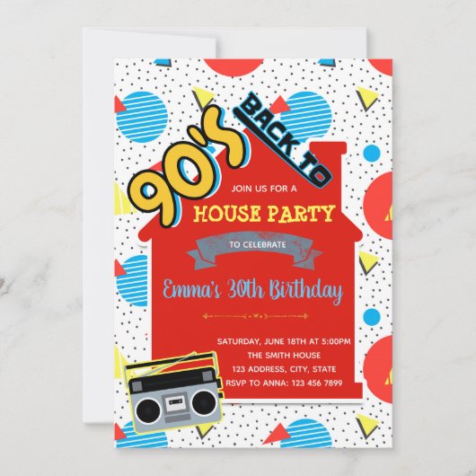 Uitnodiging voor 90s House Party (Voorkant)