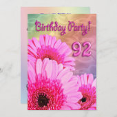 Uitnodiging voor 92e verjaardagsfeest met roze blo (Voorkant / Achterkant)