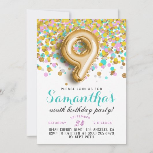 Uitnodiging voor 9de verjaardag met confetti (Voorkant)