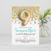 Uitnodiging voor 9de verjaardag met confetti (Staand voorkant)