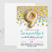 Uitnodiging voor 9de verjaardag met confetti (Voorkant / Achterkant)