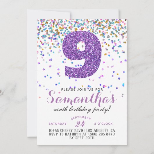 Uitnodiging voor 9de verjaardag met confetti (Voorkant)