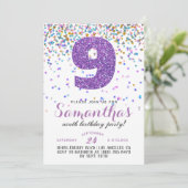 Uitnodiging voor 9de verjaardag met confetti (Staand voorkant)