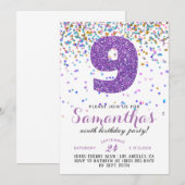 Uitnodiging voor 9de verjaardag met confetti (Voorkant / Achterkant)