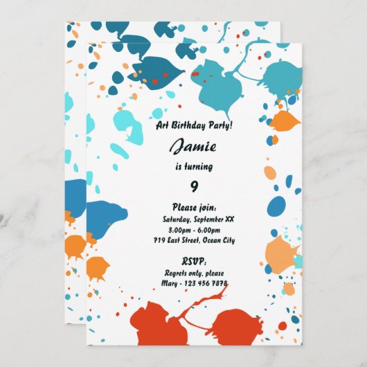 Uitnodiging voor 9e verjaardagsfeestje met kunstth (Voorkant / Achterkant)