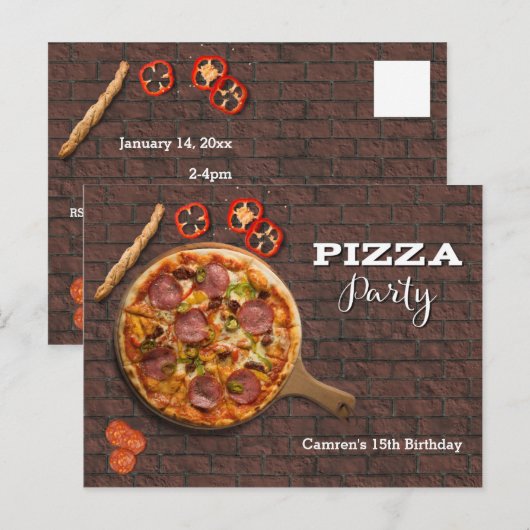 Uitnodiging voor aanpasbaar pizza-feestje (Voorkant / Achterkant)