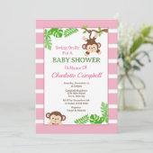 Uitnodiging voor aapmeisje babyshower, Roze aap in (Staand voorkant)