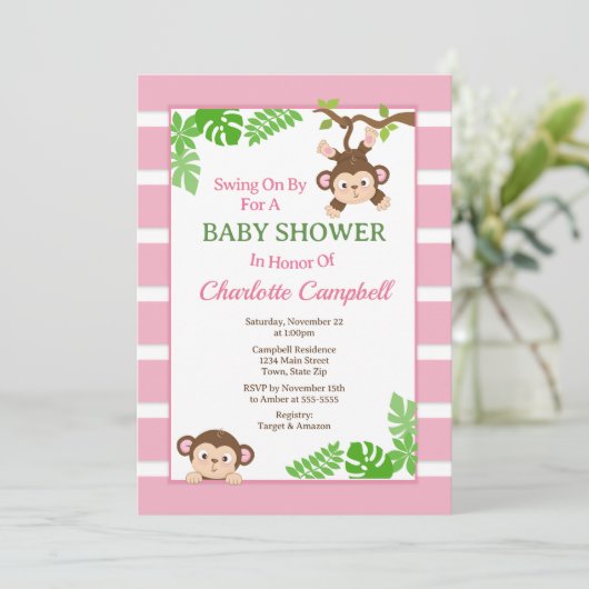 Uitnodiging voor aapmeisje babyshower, Roze aap in (Staand voorkant)