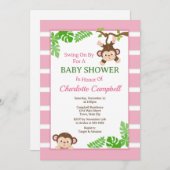 Uitnodiging voor aapmeisje babyshower, Roze aap in (Voorkant / Achterkant)