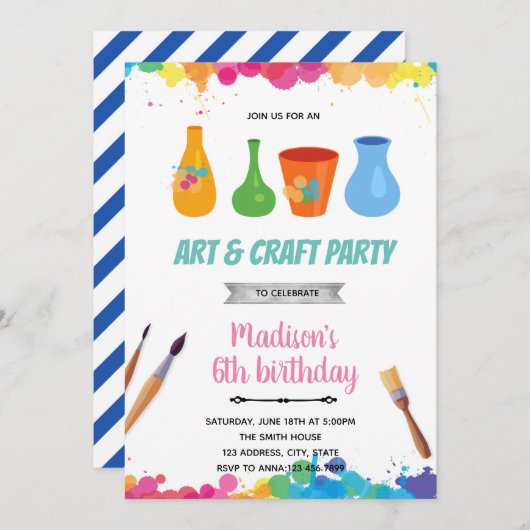 Uitnodiging voor aardewerk-schilderkunst feestje (Voorkant / Achterkant)