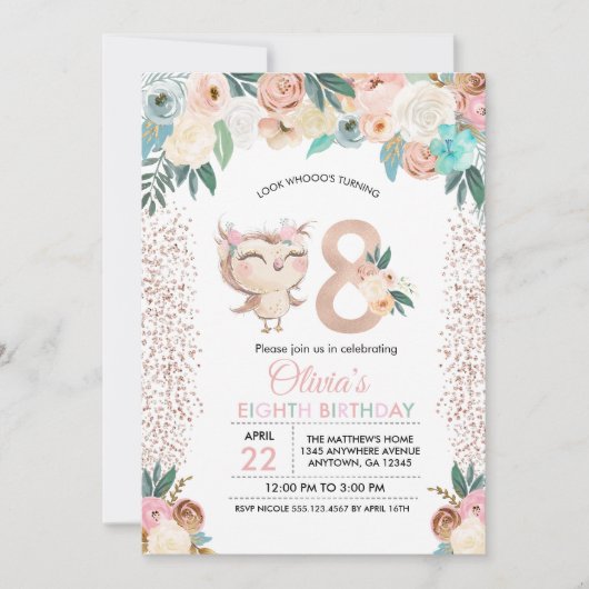 Uitnodiging voor achtste verjaardag van Peachy Owl (Voorkant)