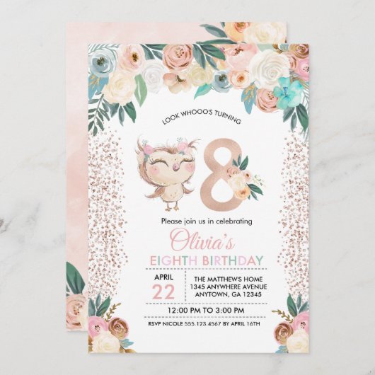 Uitnodiging voor achtste verjaardag van Peachy Owl (Voorkant / Achterkant)