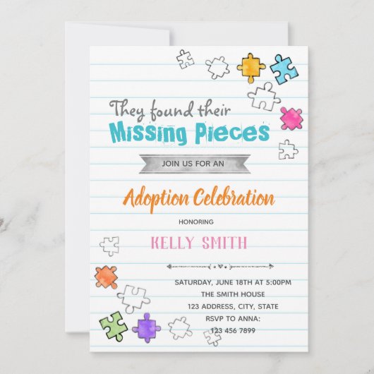 Uitnodiging voor adoptiefeestje 'Missing Pieces' (Voorkant)