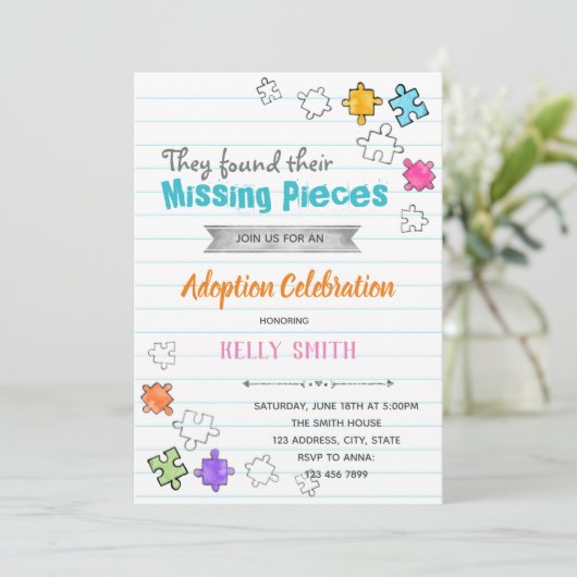 Uitnodiging voor adoptiefeestje 'Missing Pieces' (Staand voorkant)