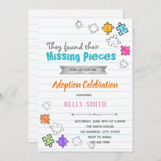 Uitnodiging voor adoptiefeestje 'Missing Pieces' (Voorkant / Achterkant)
