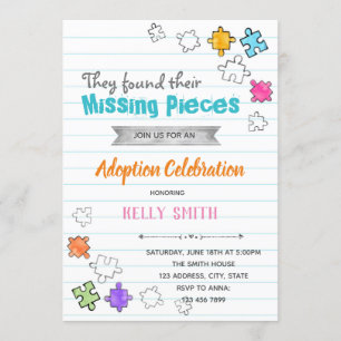 Uitnodiging voor adoptiefeestje Missing Pieces