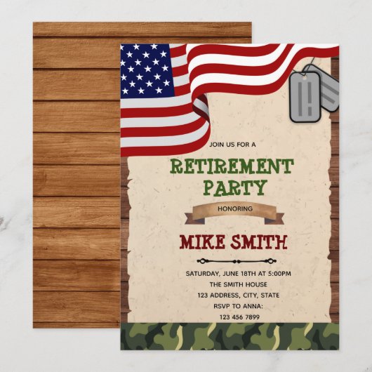 Uitnodiging voor afscheidsfeestje van het leger (Voorkant / Achterkant)