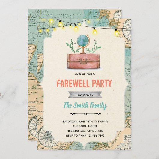 Uitnodiging voor afscheidsparty thema (Voorkant / Achterkant)