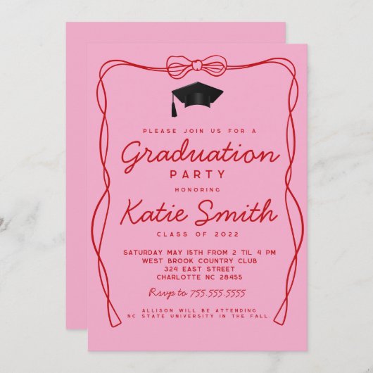 Uitnodiging voor afstudeerfeest, Doodles BowGradua (Voorkant / Achterkant)