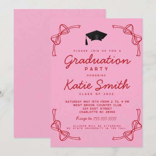 Uitnodiging voor afstudeerfeest, Doodles BowGradua (Voorkant / Achterkant)