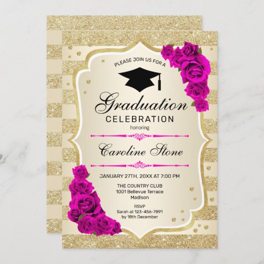 Uitnodiging voor afstudeerfeest - Gold Hot Pink (Voorkant / Achterkant)