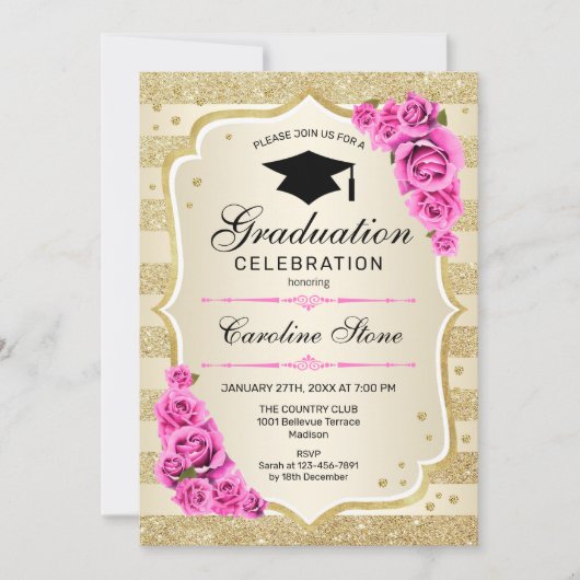 Uitnodiging voor afstudeerfeest - Gold Pink Roses (Voorkant)