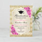 Uitnodiging voor afstudeerfeest - Gold Pink Roses (Staand voorkant)