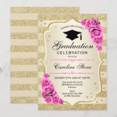 Uitnodiging voor afstudeerfeest - Gold Pink Roses (Voorkant / Achterkant)