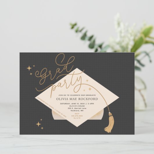 Uitnodiging voor afstudeerfeest, Pet en kwastje (Staand voorkant)