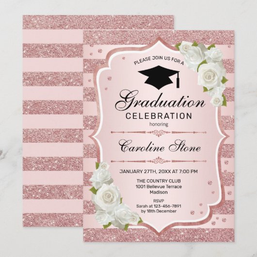 Uitnodiging voor afstudeerfeest - Roos Gold White (Voorkant / Achterkant)