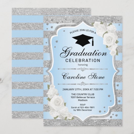 Uitnodiging voor afstudeerfeest - Silver Blue (Voorkant / Achterkant)