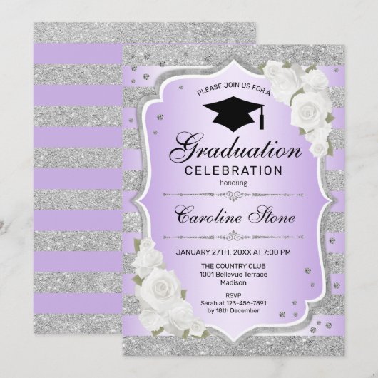 Uitnodiging voor afstudeerfeest - Silver Paarse (Voorkant / Achterkant)