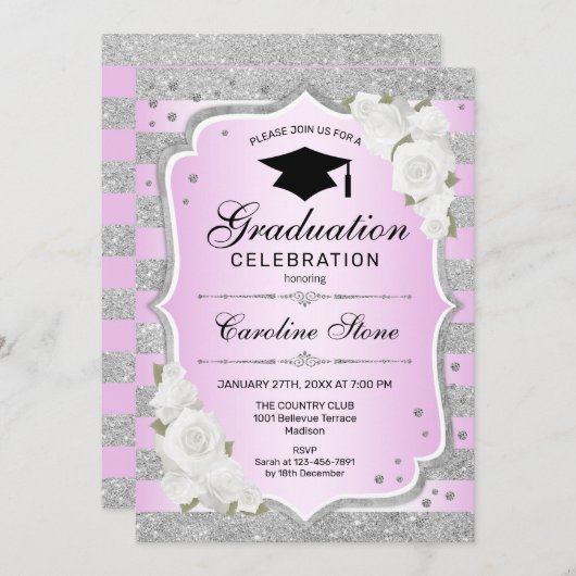 Uitnodiging voor afstudeerfeest - Silver Paarse Pi (Voorkant / Achterkant)