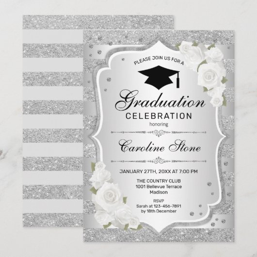 Uitnodiging voor afstudeerfeest - Silver White (Voorkant / Achterkant)