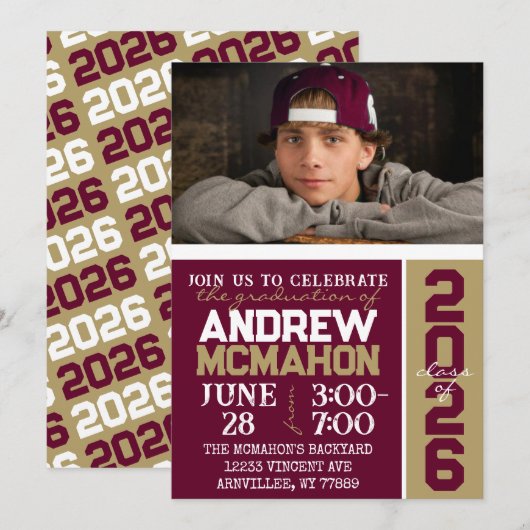 Uitnodiging voor afstudeerfoto in burgundy en bron (Voorkant / Achterkant)