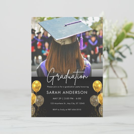 Uitnodiging voor Afstuderen in zwart-wit en goud (Staand voorkant)