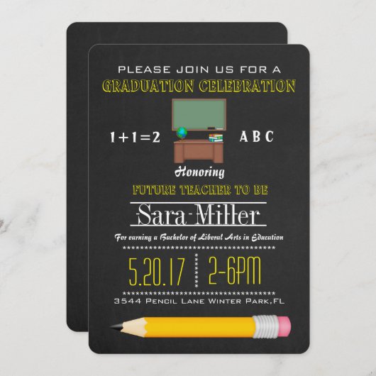 Uitnodiging voor Afstuderen van Pencil & Desk Teac (Voorkant / Achterkant)