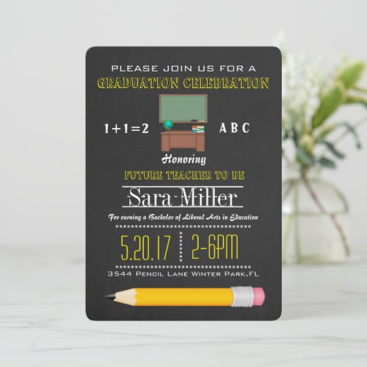 Uitnodiging voor Afstuderen van Pencil & Desk Teac (Staand voorkant)