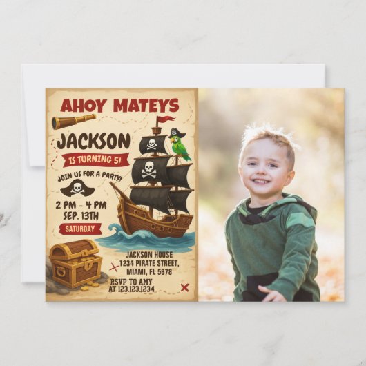 Uitnodiging voor Ahoy Matey Pirate Birthday Party (Voorkant)
