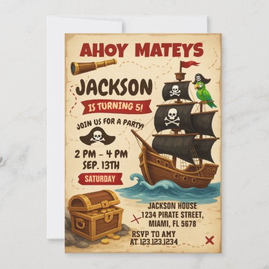 Uitnodiging voor Ahoy Matey Pirate Birthday Party (Voorkant)