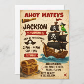Uitnodiging voor Ahoy Matey Pirate Birthday Party (Voorkant / Achterkant)