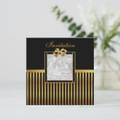 Uitnodiging voor alle gelegenheden Gold Black Stri (Staand voorkant)