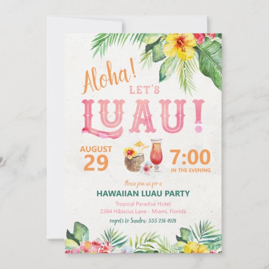 Uitnodiging voor Aloha Hawaiaans Luau Feest (Voorkant)