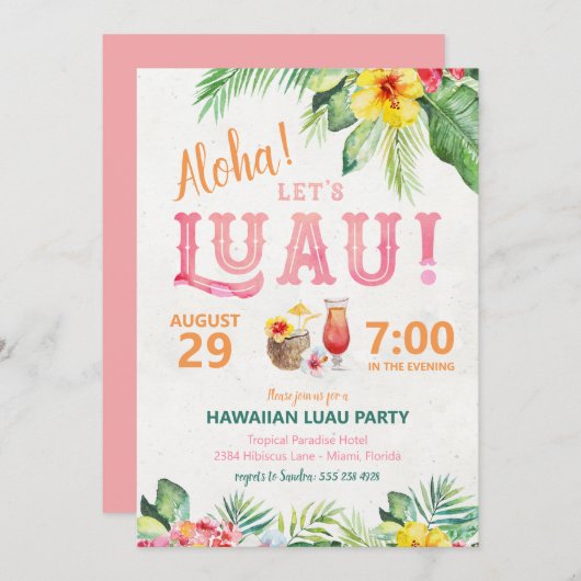 Uitnodiging voor Aloha Hawaiaans Luau Feest (Voorkant / Achterkant)