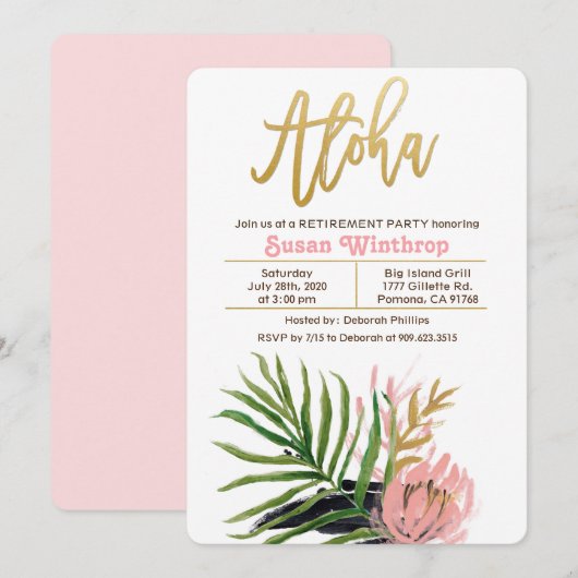 Uitnodiging voor Aloha Tropisch Pensioenfeest (Voorkant / Achterkant)
