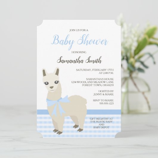 Uitnodiging voor Alpaca Blue Baby shower (Staand voorkant)