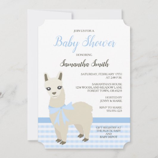 Uitnodiging voor Alpaca Blue Baby shower (Voorkant)