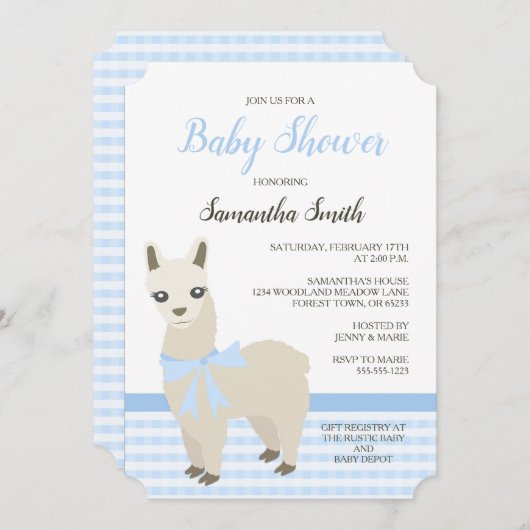 Uitnodiging voor Alpaca Blue Baby shower (Voorkant / Achterkant)