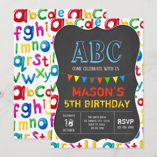 Uitnodiging voor alphabet-verjaardag (Voorkant / Achterkant)