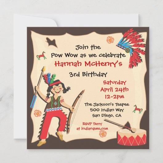 Uitnodiging voor American Indian Girl Birthday Par (Voorkant)